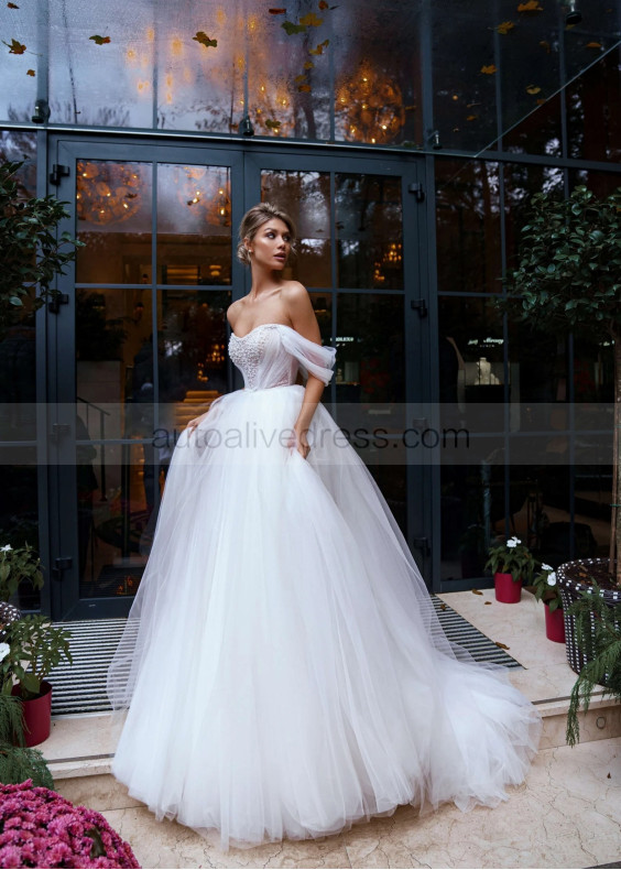 Off Shoulder Beaded White Tulle Princess Wedding Dress Off Shoulder Beaded White Tulle Princess Wedding Dress